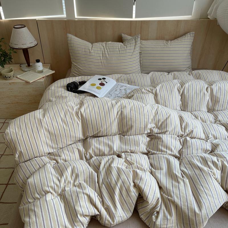 Ins Nordic Bedding Set Striped Pure Cotton Duvet Cover Set Skin-Friendly Single Twin Full Queen Size Flat & Fitted Sheets Set