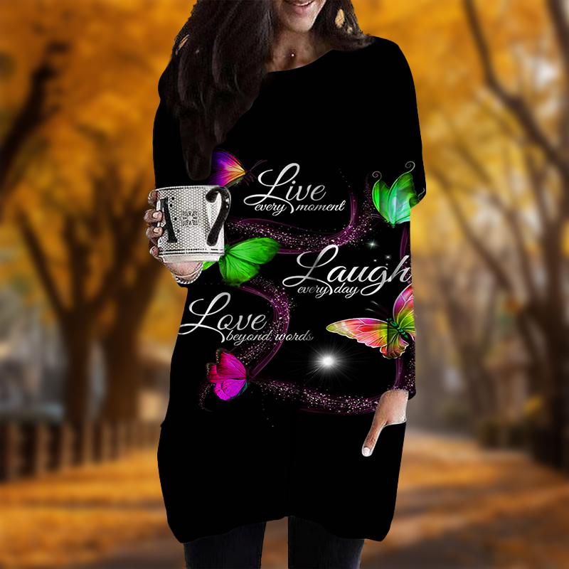 Neu im Herbst Buchstaben Schmetterling Print Übergröße Kleid Damen O-Ausschnitt Lange Ärmel Lässig Taschenkleider