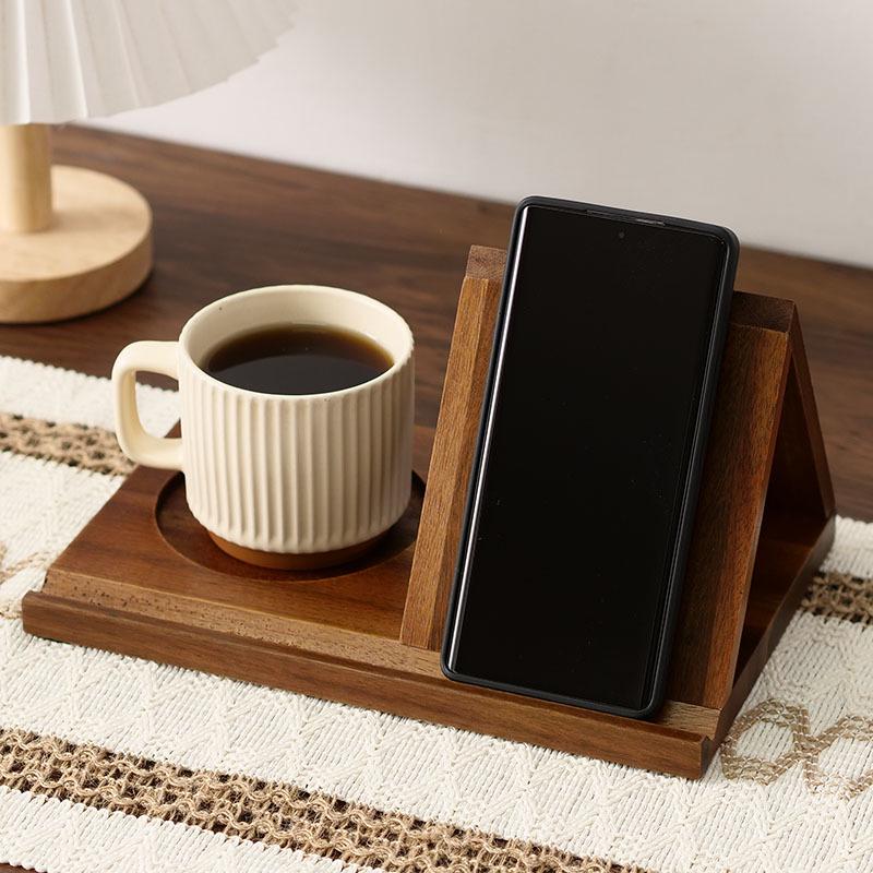 Acacia Wood Triangle Bookshelf & Coaster - Multifunctional Solid Wood Bookshelf for Bedroom or Kitchen with Recipe Rack & Bookmark Holder.