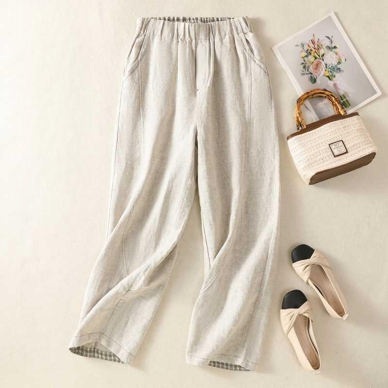 

Casual solid color cotton linen wide leg pants for women M