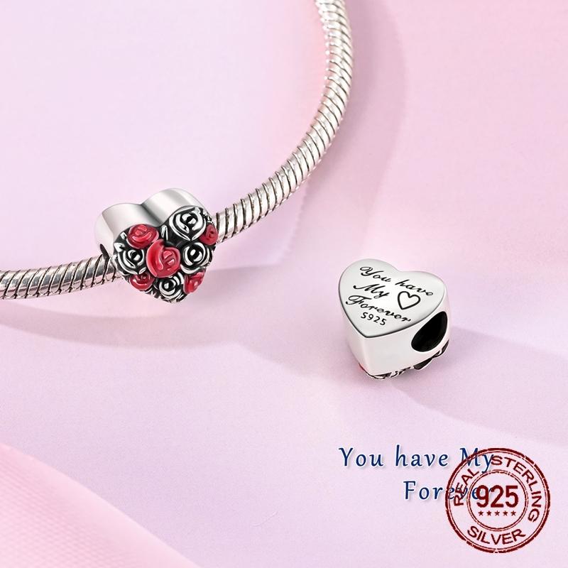 Heart-Shaped Rose Beads Copper Valentine'S Day Dangle Pendant Fit Bangle Bracelet Necklace Diy Jewelry