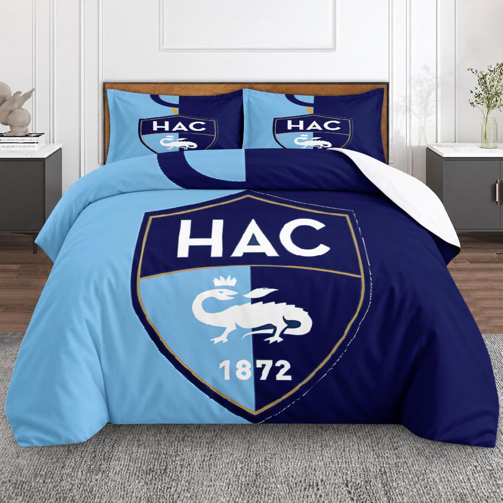 3 Piece Bedding Set Le Havre AC HAC 1872 Crest Blue Gold Dragon French Football Duvet Cover Set, Classic Soccer Bedding for Fans Boys Bedroom Decor