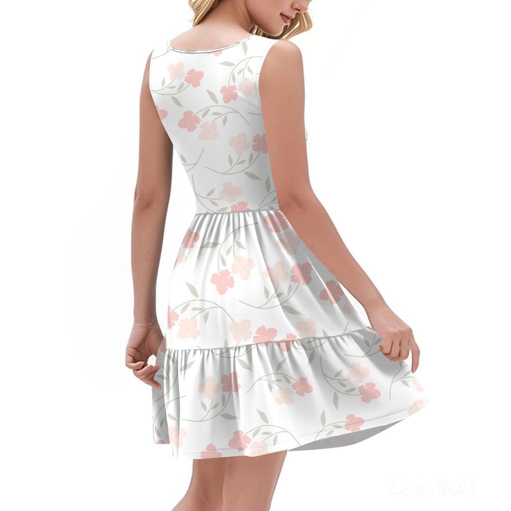 Women's Summer Fashion Casual V-neck Pleated Stitching Small Floral Print Sleeveless Vest Dress With Pockets