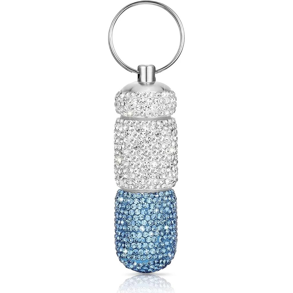 Bling Keychain Pill Box 2 Compartments Small Travel Pill Case Organizer Crystal Diamond Medicine Bottle Pill Bottle Keychain
