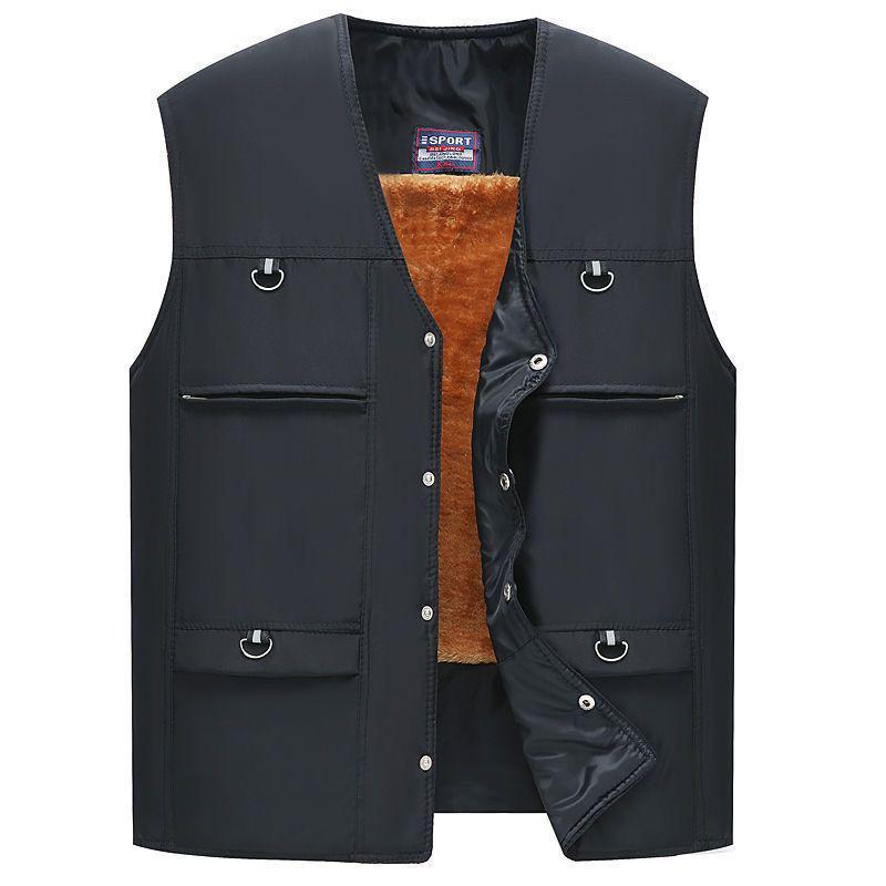 Men's Autumn/Winter Warm Velvet-Lined Waterproof Fisherman Vest, Classic Style, Multi-pocket, Comfortable & Breathable for Middle-aged & Elderly