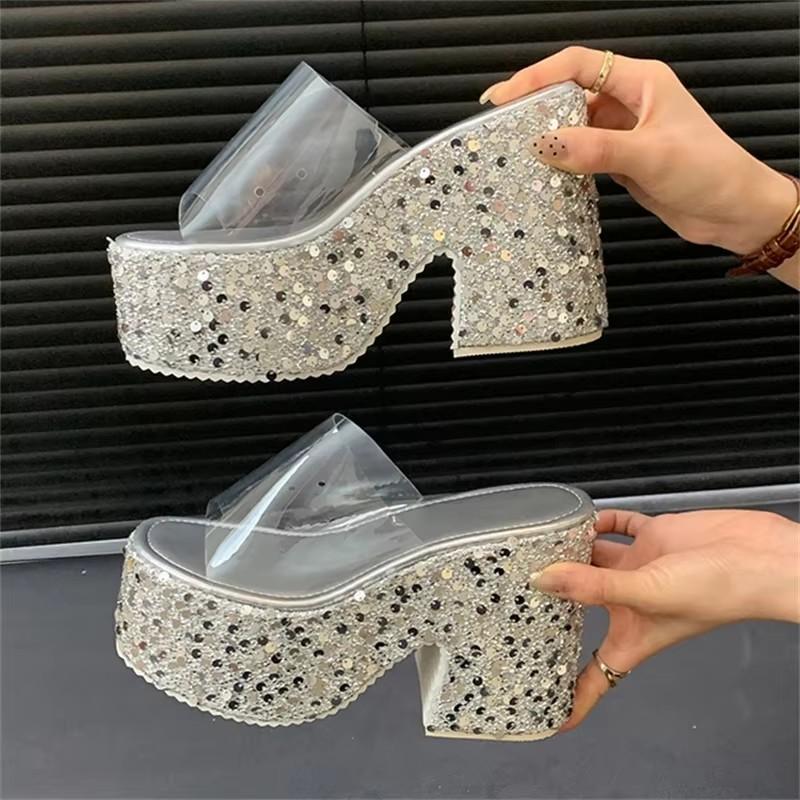 Fashion Eilyken Summer PVC Transparen Sequin Cloth Platform Open Toe Women's Slippers Designer Square High Heels Shoes Zapatos De Mujer