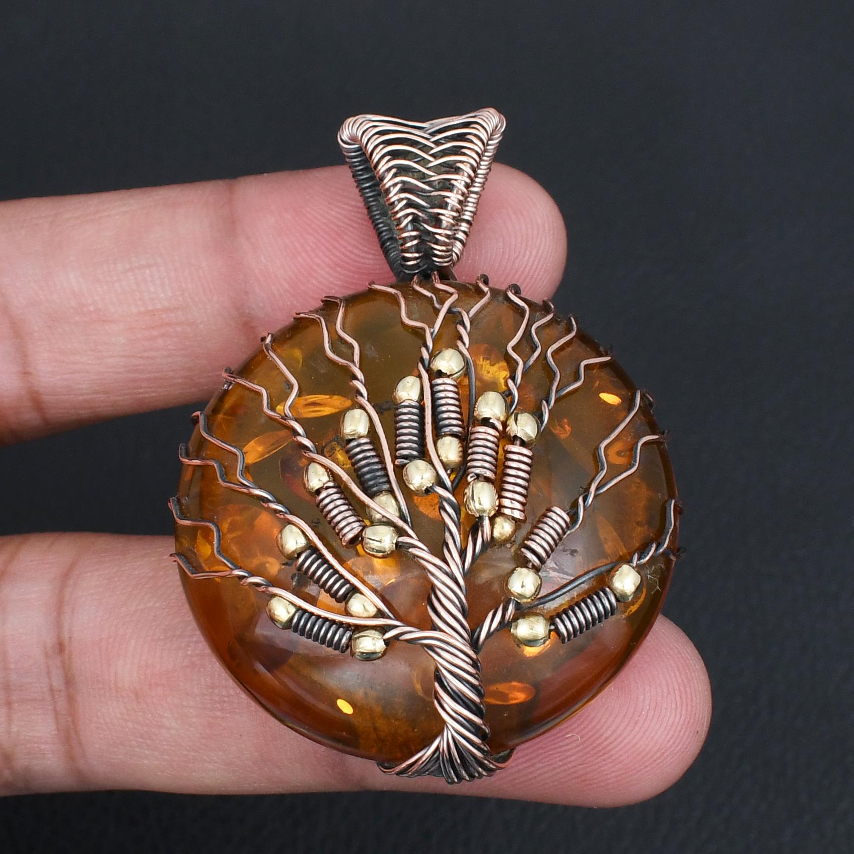 

Vintage Tree of Life Wire Wrapped Pendant Natural Amber GemStone Copper Pendant Handmade Copper Jewelry Gift