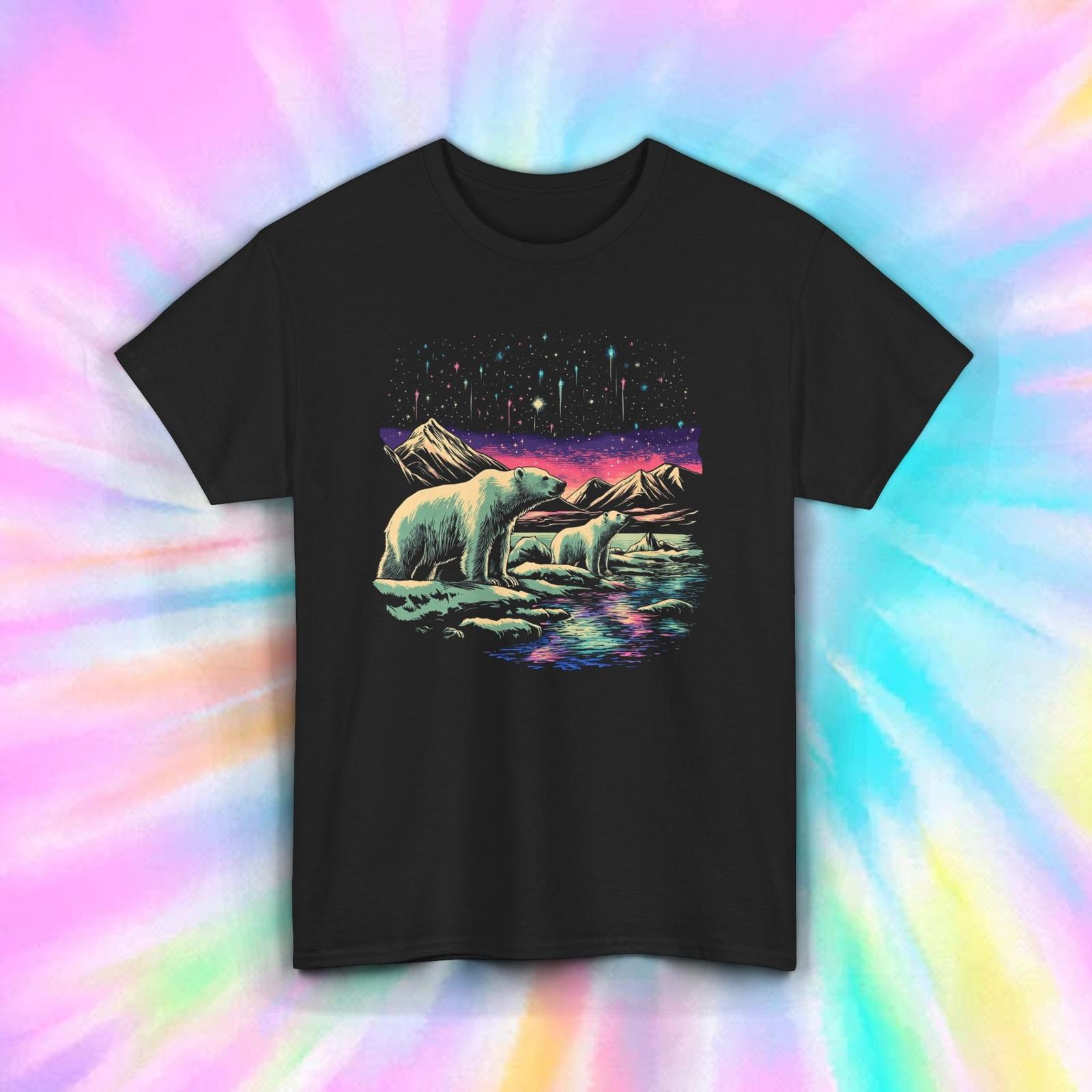 Polar Bear Aurora T-Shirt Colorful Northern Lights Nature Tee S-5XL L