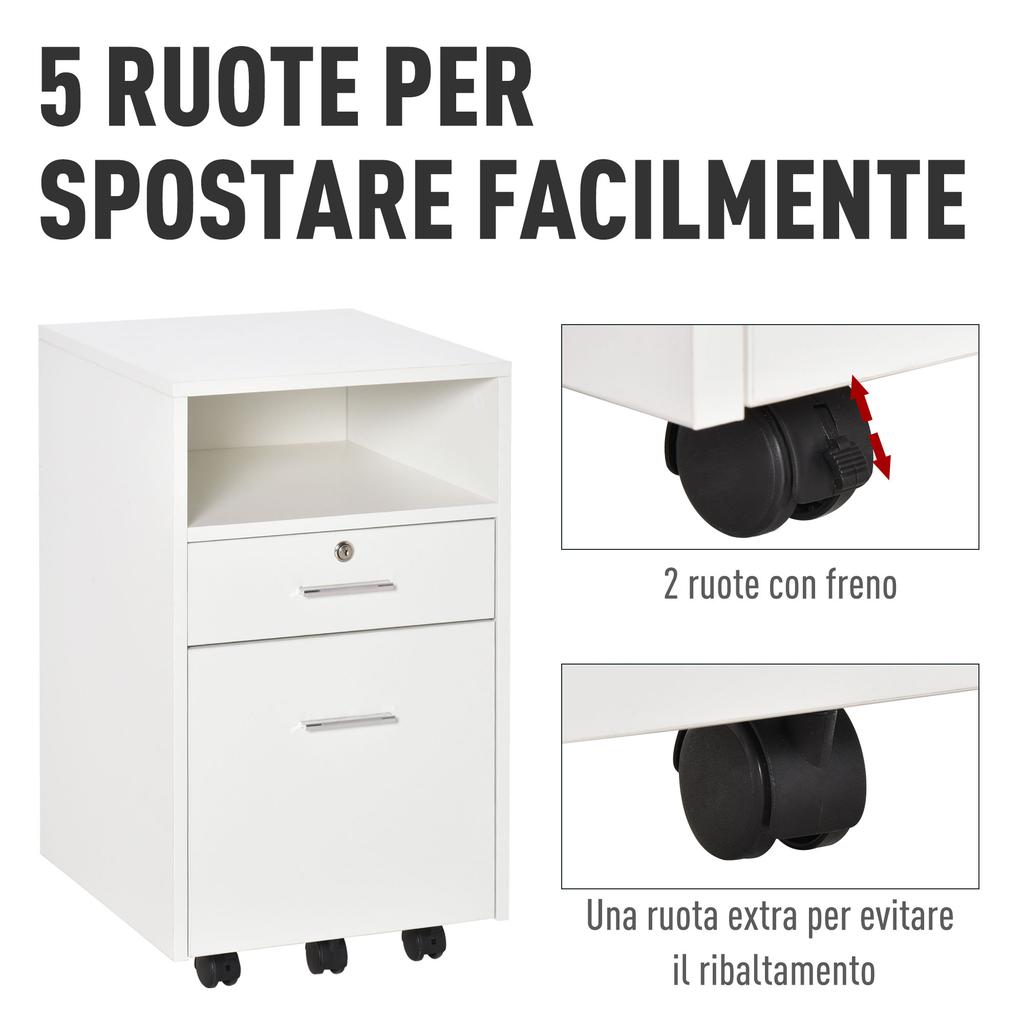 Lockable Two-Drawer Filing Cabinet, with Wheels - White