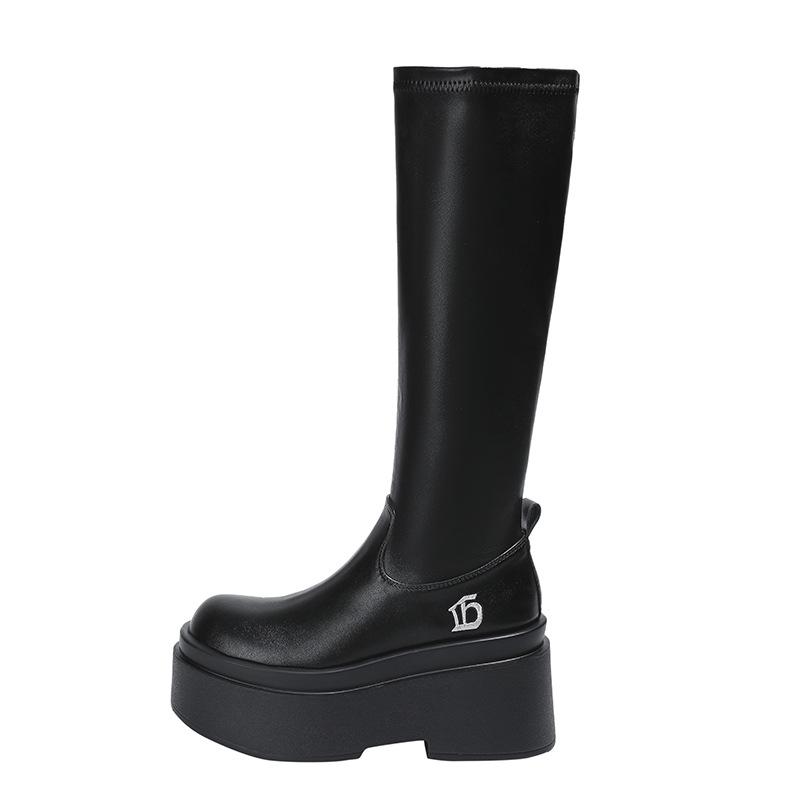 Women's Thick-soled High-tube Mid-tube Boots Autumn New Outdoor Black Wearing Slip-on Casual Boots