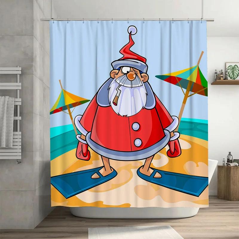 TU Funny Santa Claus Shower Curtain Beach Themed Bathroom Decor Holiday Festive Print Waterproof Fabric Home Textile Gift