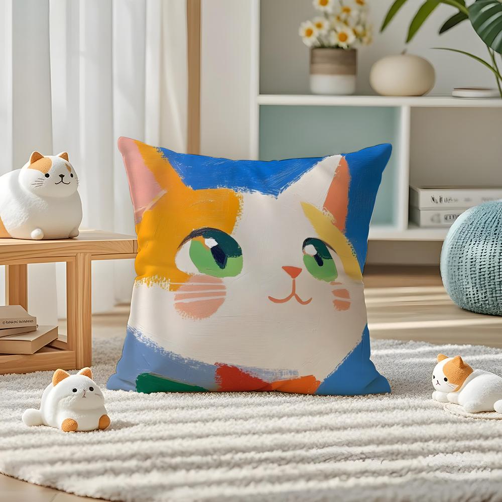 Cute Cartoon Cat Patterns Pillow Case Double-Sided Plush Sofa Cushion Covers Organic Breathable Invisible Zipper