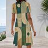 Women Plus Size Round Neck Short Sleeve Blue Yellow Geometric Printed A Line Dress
