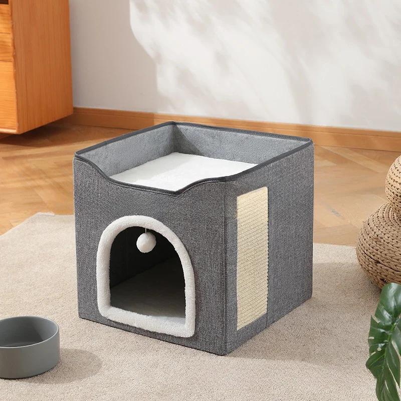 Double Layered  Pet Cat House Large Foldable Cat Bed Four Season Universal Cats with Ball Hanging Cube Beds Pet Supplies & Pet