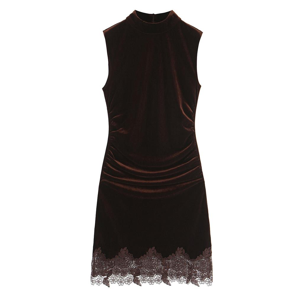 European and American Autumn New Women's Clothing Sexy Slim-fitting Lace Velvet Sleeveless Slim Dress