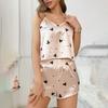 Heart Print Satin Pajama Set for Women Sexy V Neck Sleepwear Summer Cami Tops and Shorts Pajamas 2 Piece Loungewear Home Clothes