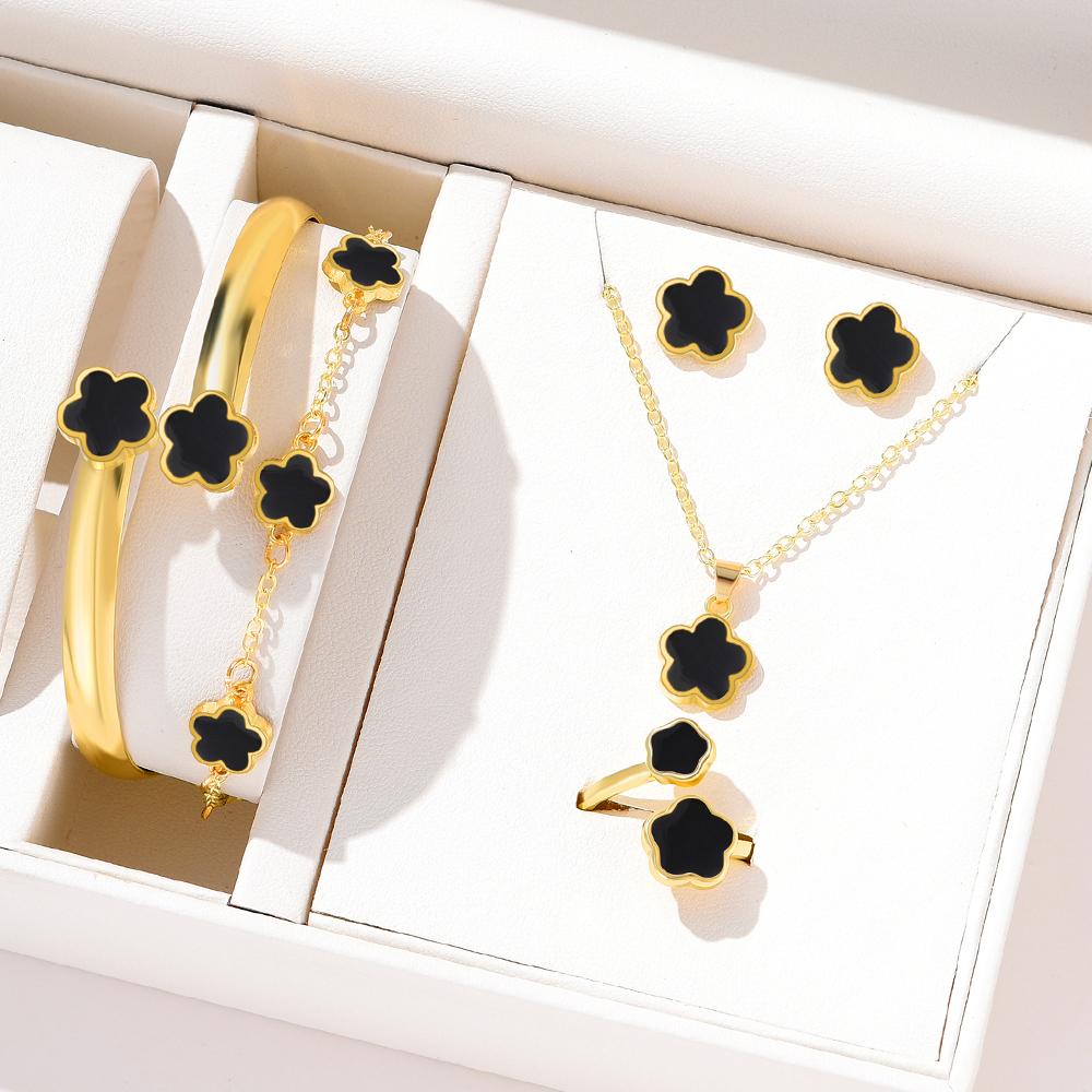 6pcs Lucky Five-petal Flower Women's Zircon Set, Fashion Flower Bracelet + Necklace + Earrings + Bracelet + Ring, Birthday, An