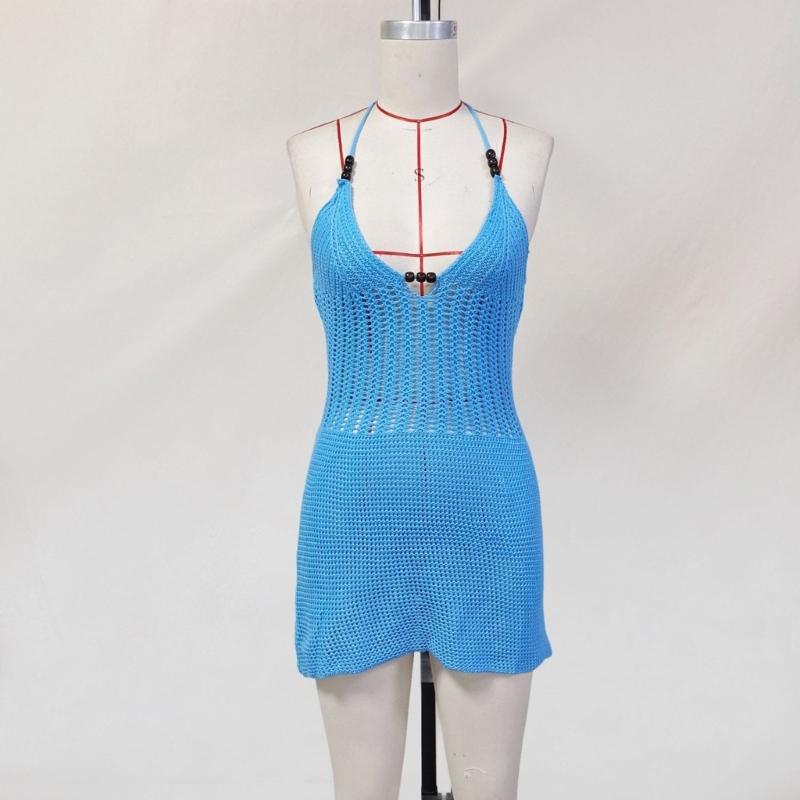 Knitting Tied V Neck Halterneck Backless Tied Up Beach Dress Adjustable Summer Outfit For Women Swimwear Cover Up