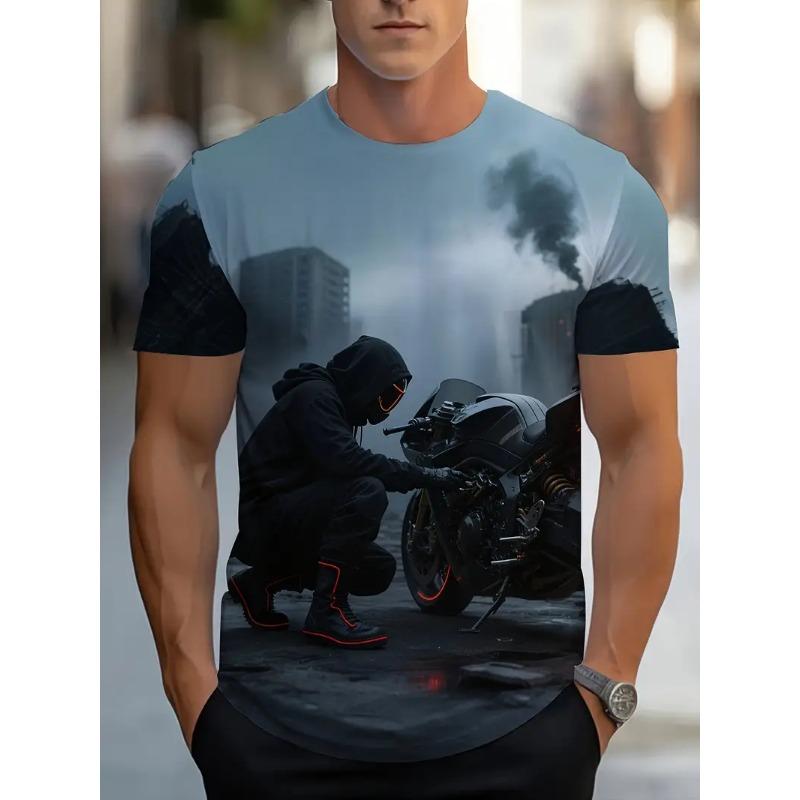 Tricou cu model de motociclist pentru bărbați, stradă înaltă, imprimat 3D, mânecă scurtă, vară, topuri pentru bărbați, tricou retro casual de modă