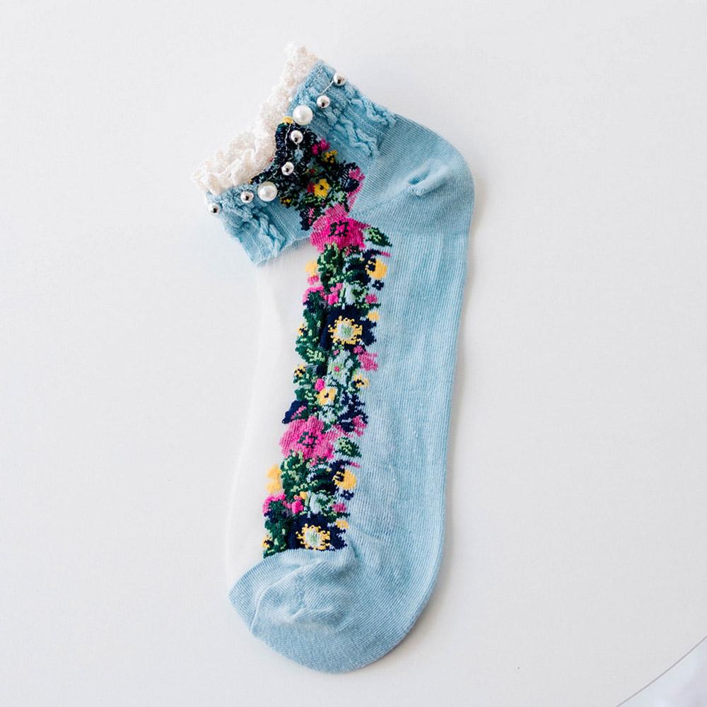 Cute Breathable Summer Pearl Spring Women Hosiery Short Socks Boat Socks Embroidery Flowers Socks