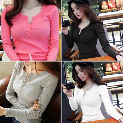 Women Autumn Winter Base Shirt  V-Neck Solid Long Sleeve Button Knitwear Tops