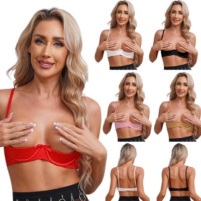 Mulheres Sexy Copo Aberto Sutiãs Lingerie De Cetim Alças Ajustáveis ​​Underwire Sutiã Cueca