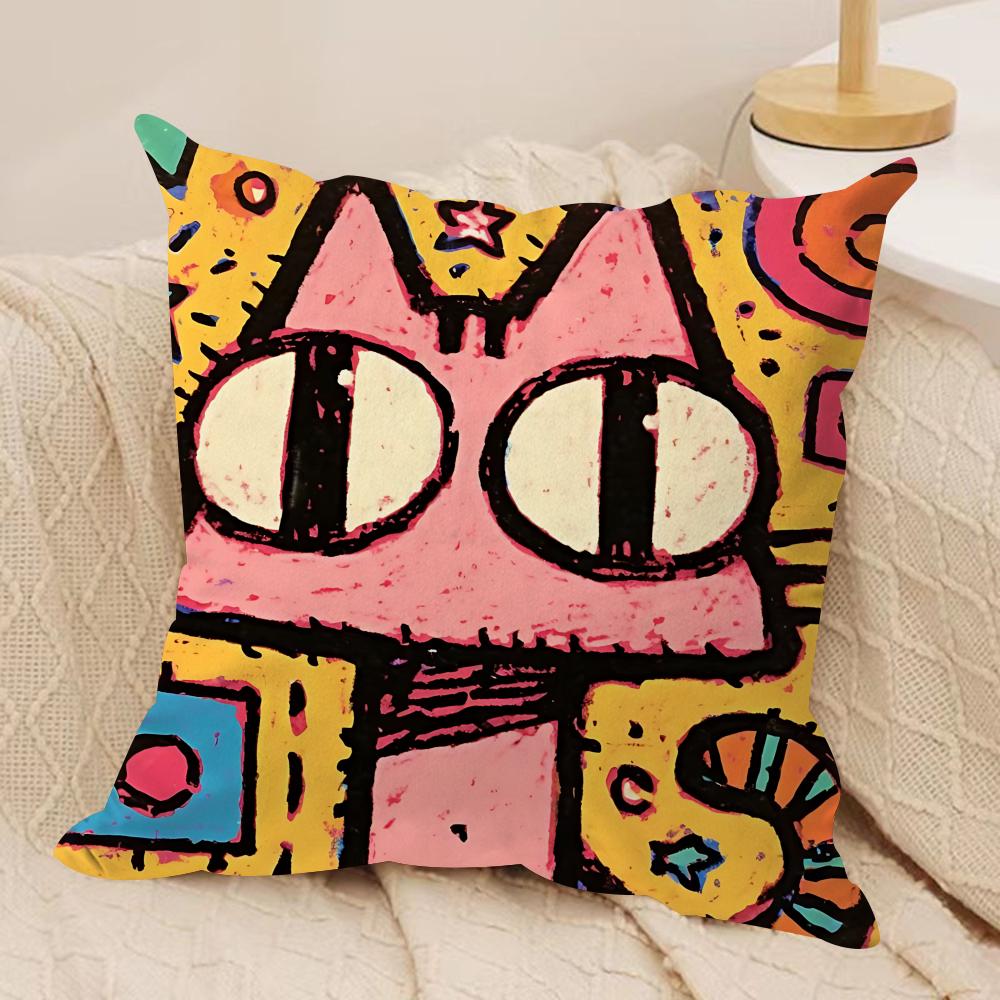 Art Dopamine Doodle Cat Cushion Cover Silky Short Plush Invisible Zipper Dustproof Sofa Pillow Case For Home Decor