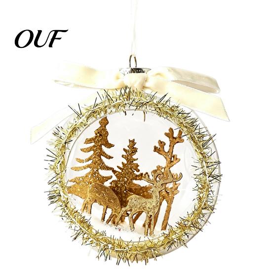 Winter Fairy Tale Hanging Decor Opening Christmas Ball Ornament with Bow, Tree Reindeer Snow Scene Micro Landscape Inside Clear Ball, Xmas Sphere