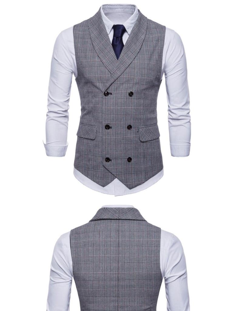 Pánská retro kostkovaná dvouřadá vesta, velká velikost - Business casual vesta na jaro a podzim