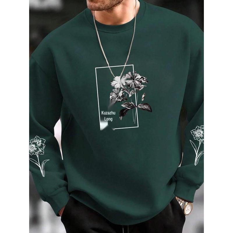 Unisex Men's European Size Floral Print Round Neck Top