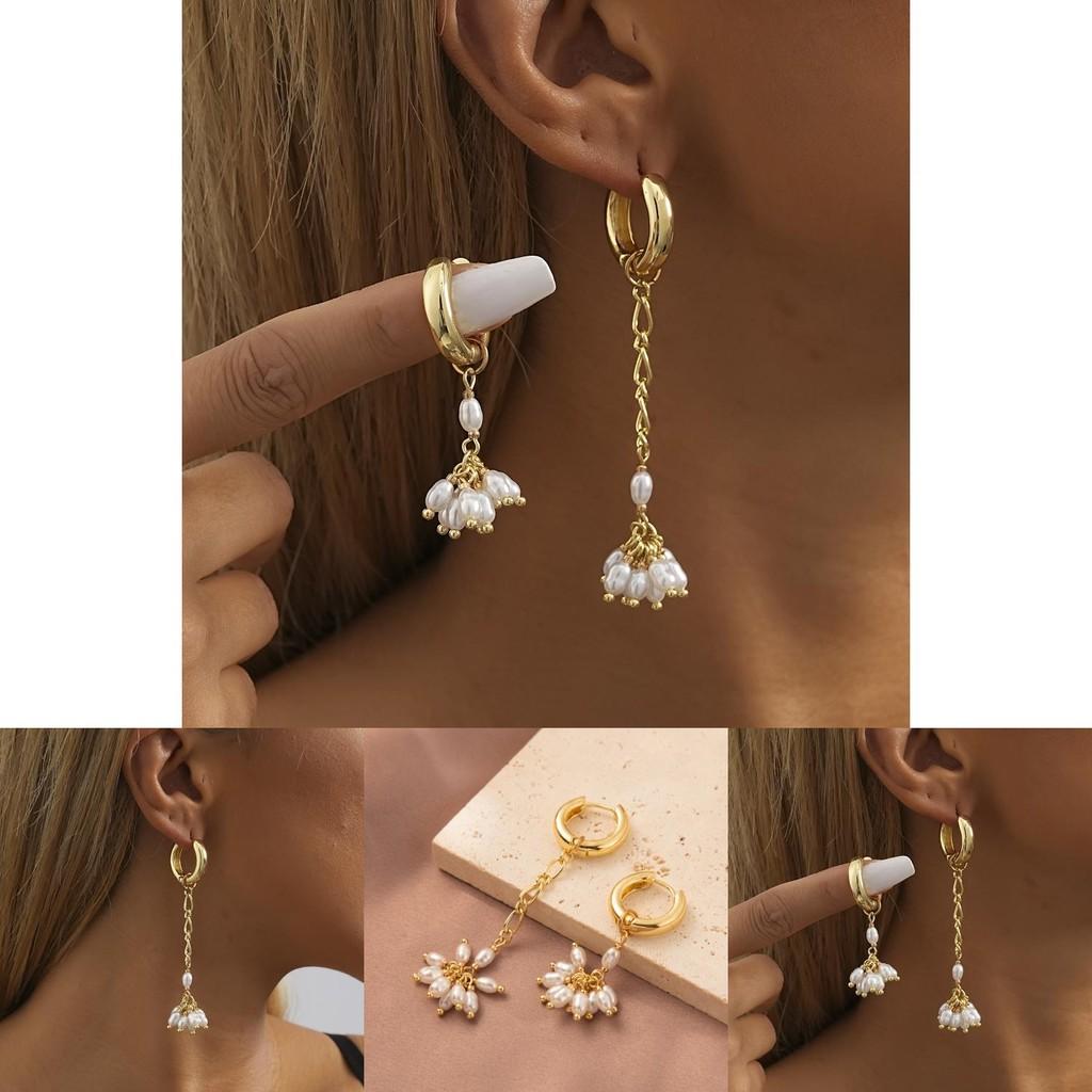 Elegant Geometric Gold Plated Asymmetrical Pearl Earrings For Women Fashion Jewelry