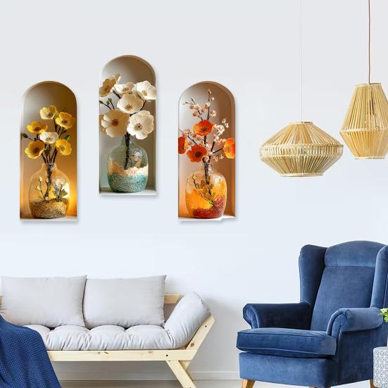 3 Pcs 3D Flower Vase Wall Stickers Faux Flower Wall Art Self-Adhesive Floral Blossom Wall Decals for Bedroom Living Room