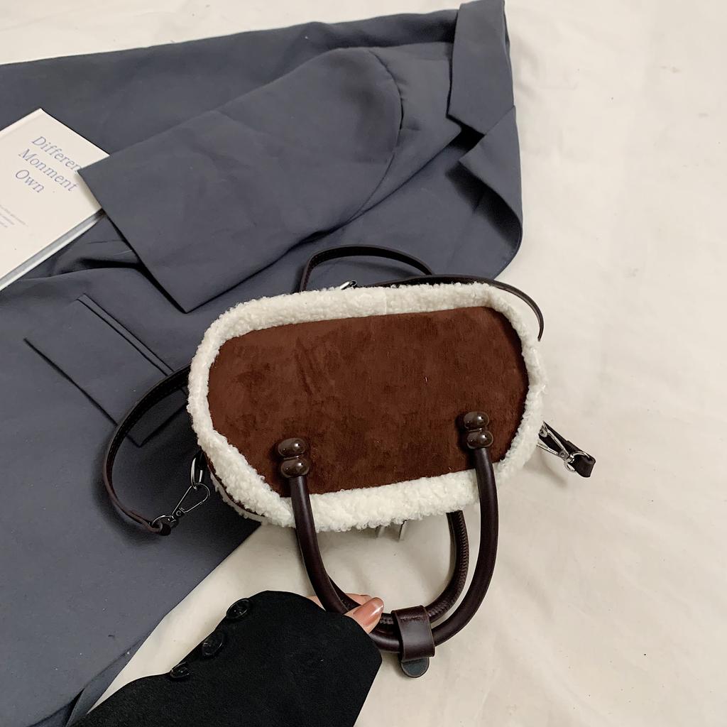 Vintage Cotton Candy Crossbody Bag for Commuting  Furry Fringe Suede Bowling Bag