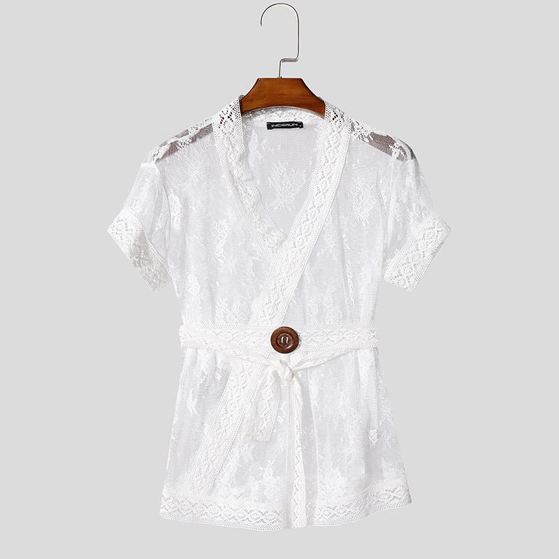 

INCERUN Men V Neck Short Sleeve Lace Mesh Sheer Bandage Waist T-shirts S белый