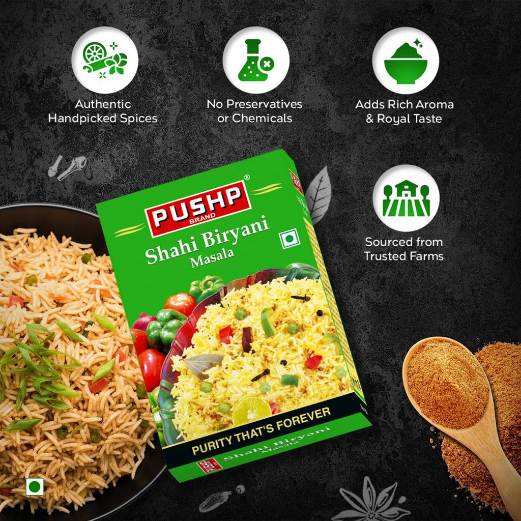 Pushp Brand Biryani Pulav Masala Blend Authentic Aromatic Spice Mix For Delicious Rice Dishes 50G Pack Of 1 Natural Seasoning