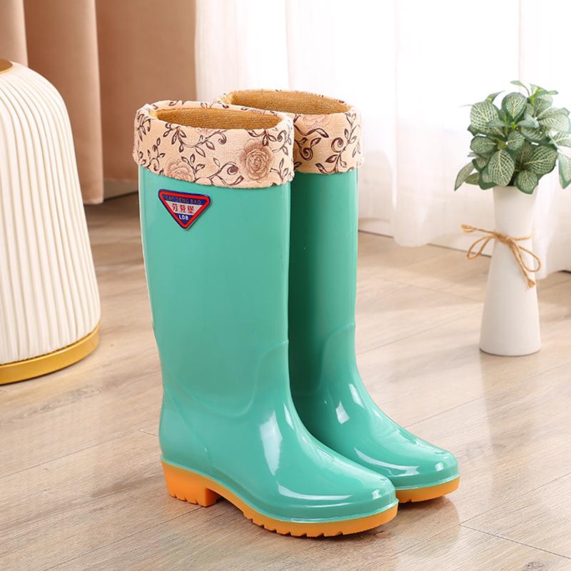 High rain boots rain shoes women's adult water shoes non-slip beef tendon sole fleece thermal overshoes rubber shoes wear-resistant work winter