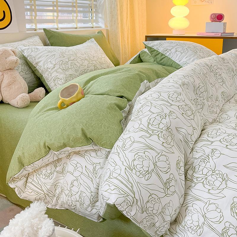 Pure Cotton Printed Four-piece Set, Pure Cotton Bed Sheet, Quilt Cover, Small Fresh Three-piece Set, Bed Home Thickened Quilt Cover