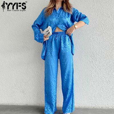 Women's Fashion Casual Spring Fall Leopard Print Long Sleeve POLO Neck Blouses & Shirts Trousers Pants Suits