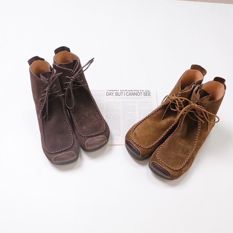 Johnature Retro Cow Suede Lace Up Short Boots Versatile Square Toe Soft Sole Comfortable Women's Ankle Boots
