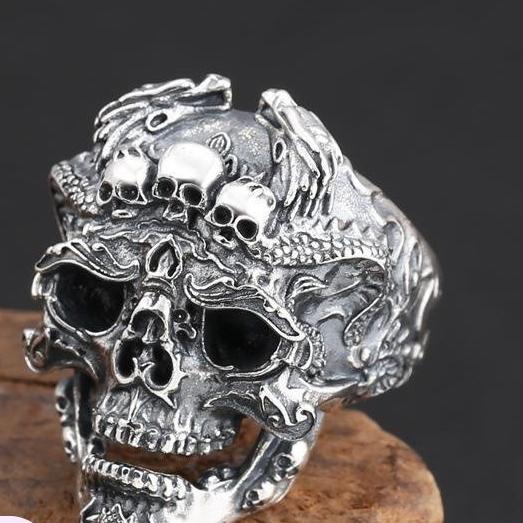 Retro Thai Silver Exaggerated Domineering Skull Ring, Thai Silver Men's Opening Adjustment Ring, Popular Personality