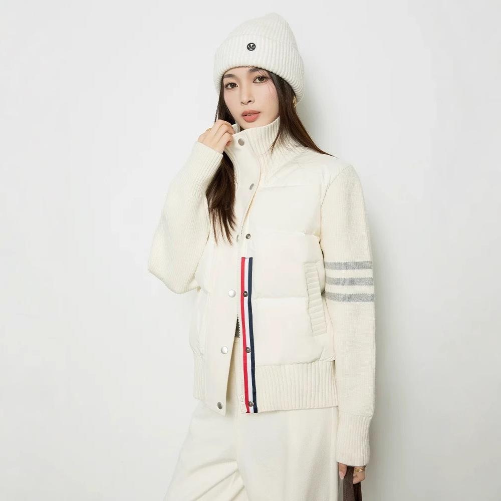 European trendy knitted splicing light down jacket women's winter fashion contrasting color striped stand-up collar casual jacket
