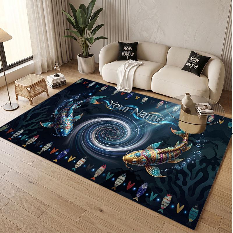 Fish Ocean Theme Soft Crystal Velvet Rug Custom Name & Text Print Non Slip Floor Rug for Bedroom Living Room