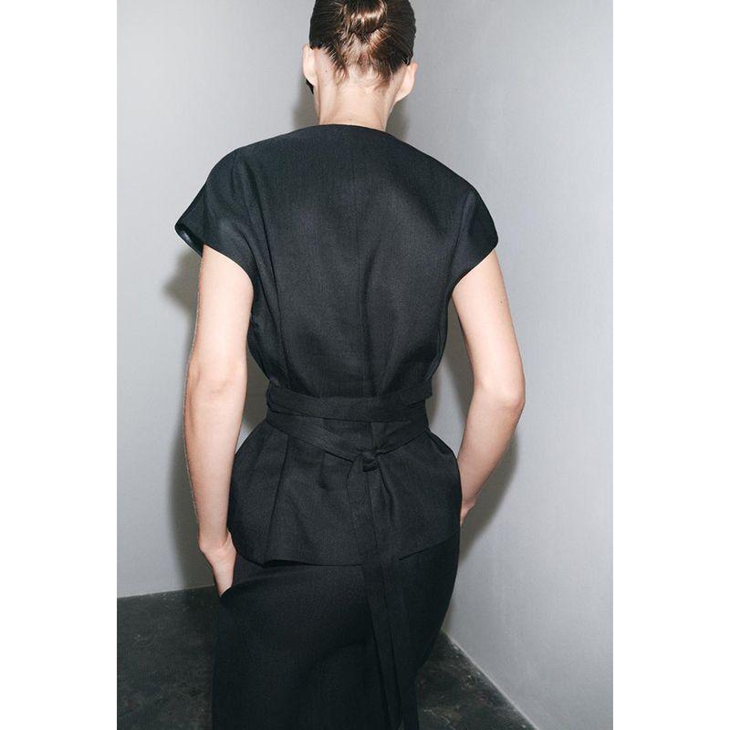 Lapel Sleeveless Linen Blended Vest 3132168 Mid-Waist Straight Linen Blended Pants 3136168