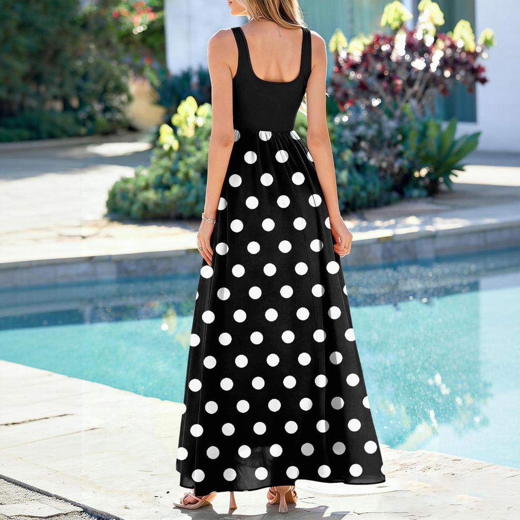 Damen Sommerkleid mit Polka-Dot-Print, lässig und modisch, ärmellos, lang