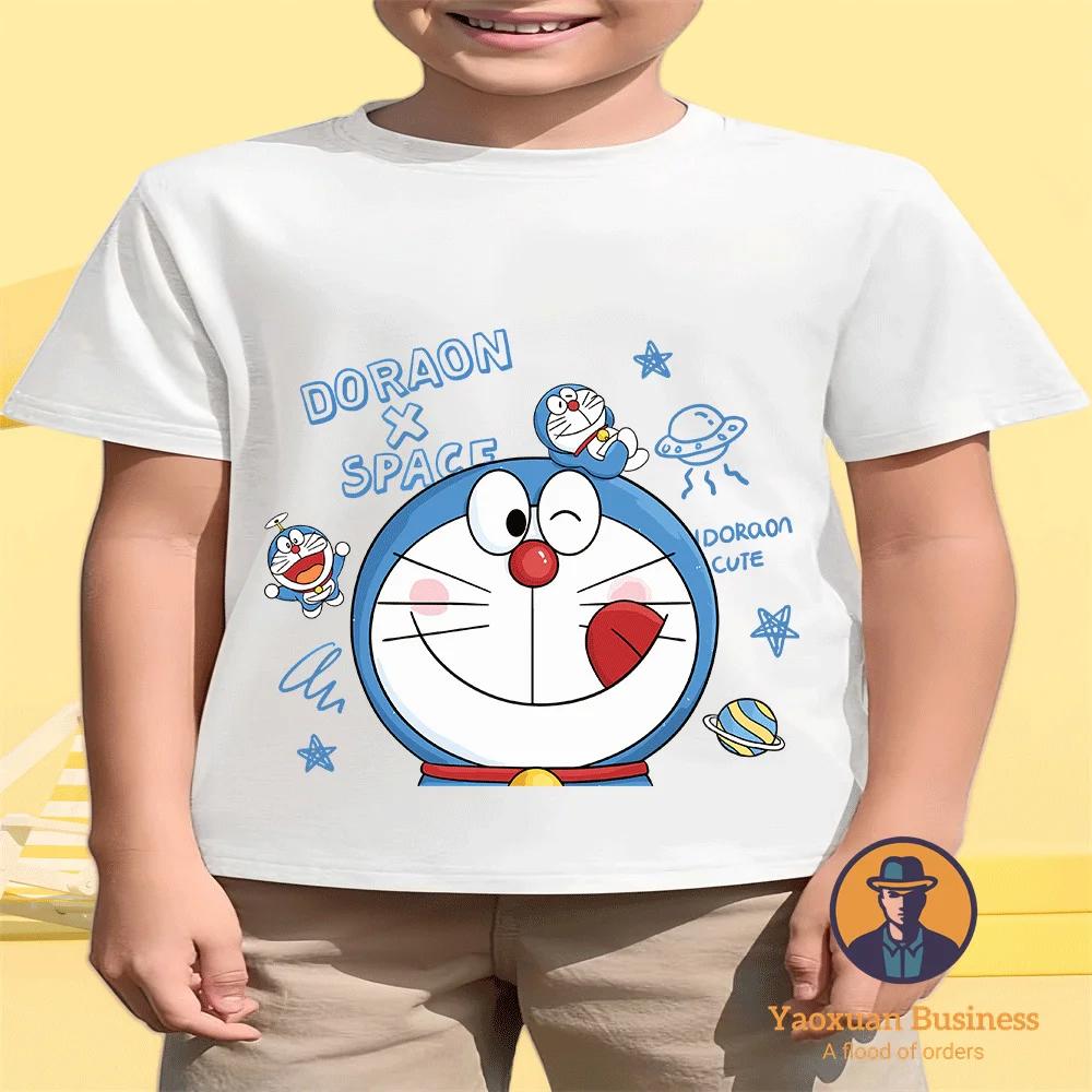 

Классическая аниме-футболка с круглым вырезом Doraemon для мальчиков и девочек, летняя 100