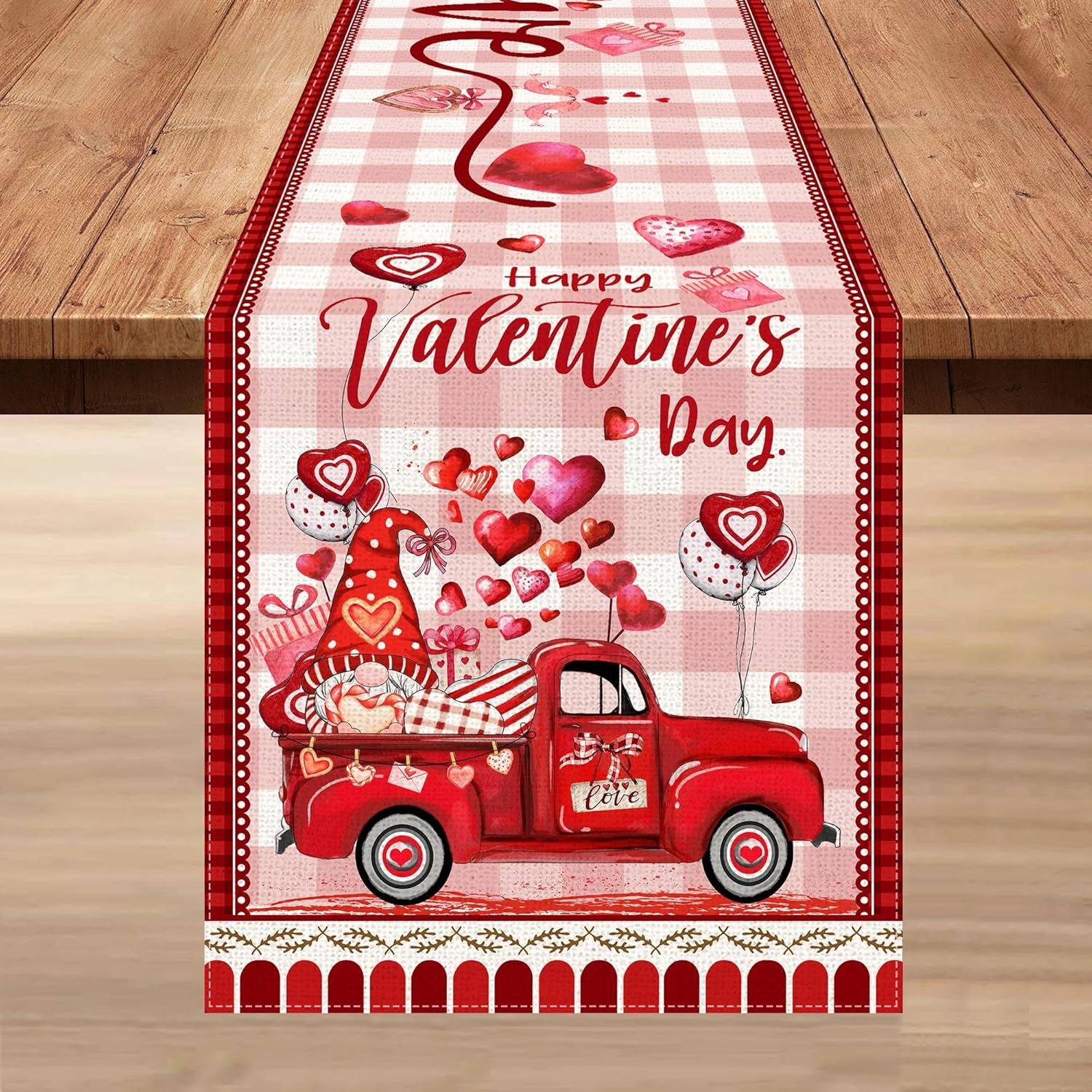 pinata Valentine Table Runner, Valentines Day Table Runner Hearts Gnomes Truck Buffalo Plaid Wedding Anniversary Decoration for Home Dinner Kitchen 13 x72