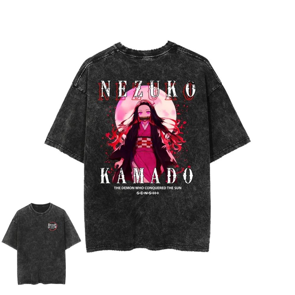 2026 Hot Sale Demon Slayer Nezuko Kamado T Shirt Vintage Washed Oversized Cotton Graphic Tees Harajuku Streetwear for Men Women