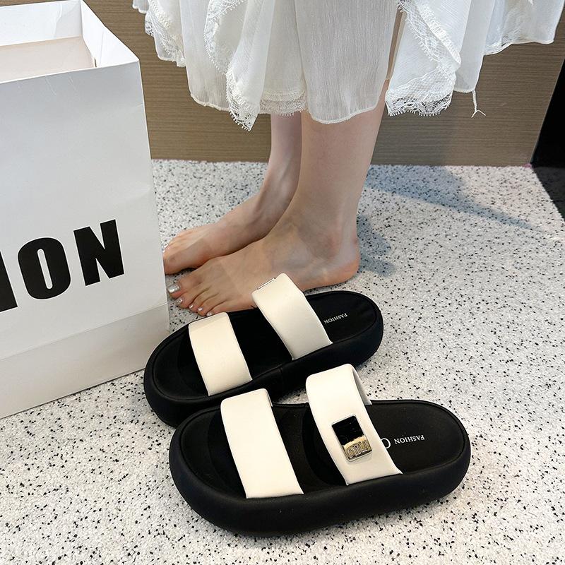 

One-word cool slippers for women s summer wear with skirts, new muffin platform sandals, beach shoes 40 бежевый