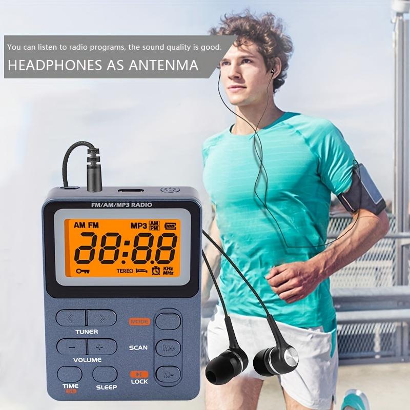 Mini Portable AM FM Pocket Radio Equipped Stereo Earphones Auto Preset Stations Key Lock & Sleep Timer Battery Operated for Running Camping Outdoor