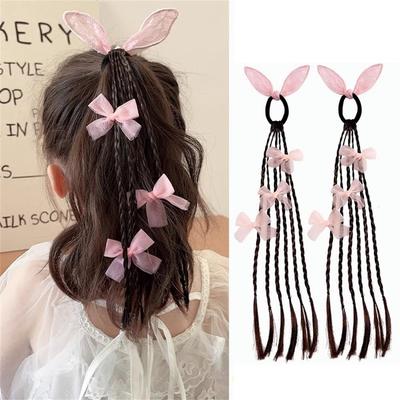 SITEDAN Kids' Hair Extensions, Braided Wig with Ribbon, for Girls, Ponytails, Twin Tail, Braided Hair Extensions, Costumes, Children's Events (Pink)